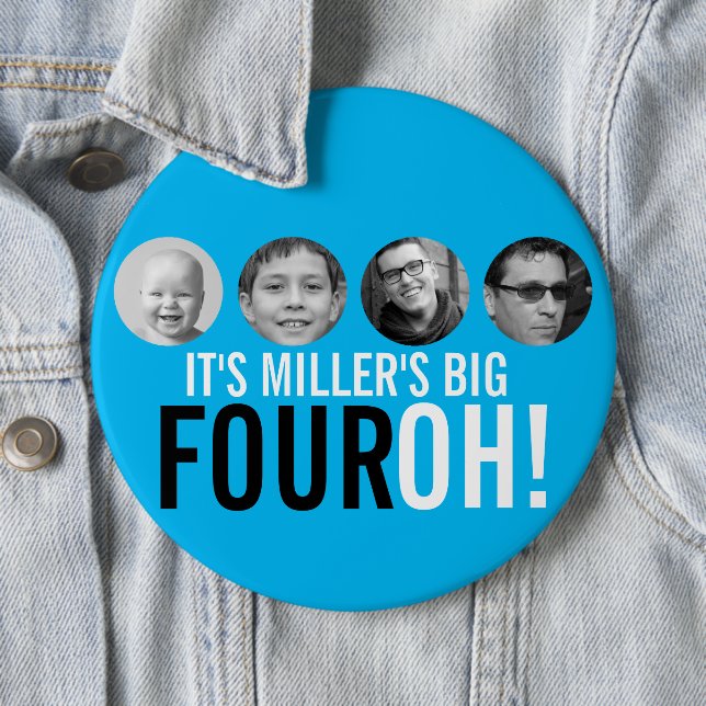 Blue 40th Four OH! photo fortieth birthday badge 6 Inch Round Button (In Situ)