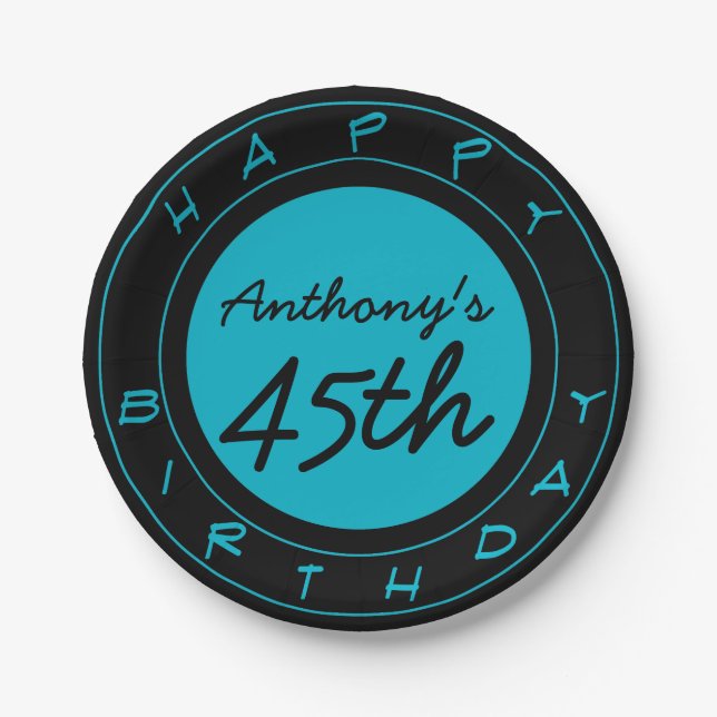 Blue 45th Birthday Party Personalized Paper Plates (Front)