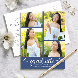 Blue 4 Photo Graduation Modern Girly Script Hearts Invitation Postcard