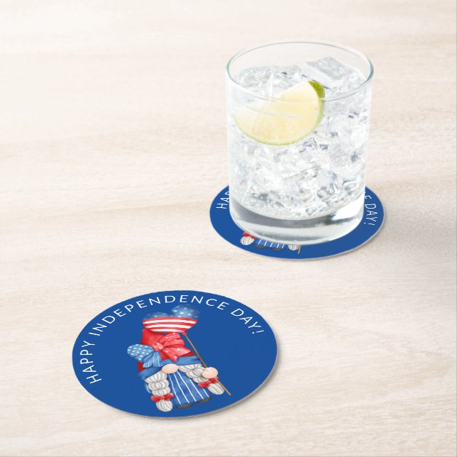 Blue 4th of July Gnome Independence Day Party Round Paper Coaster (Insitu)