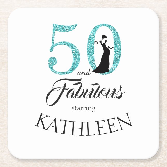 Blue 50 and Fabulous Birthday Party Custom Name Square Paper Coaster (Front)