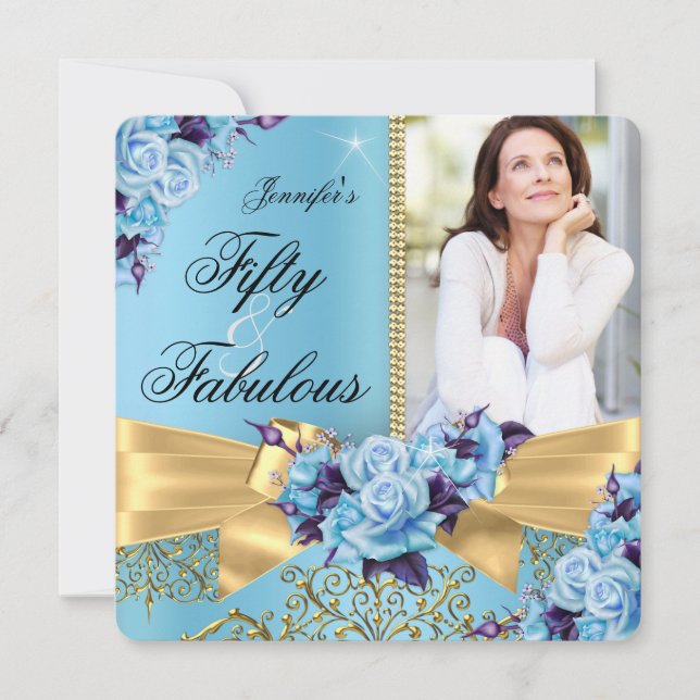 Blue 50 & Fabulous Photo Gold Rose Bow Birthday Invitation (Front)