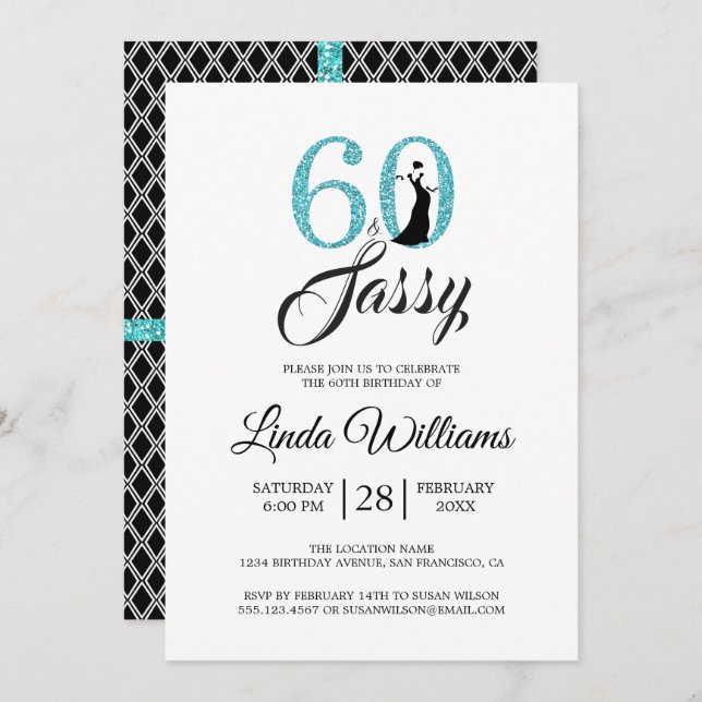 Blue 60 et Sassy | Invitation de fête du 60e anniv (Devant / Derrière)