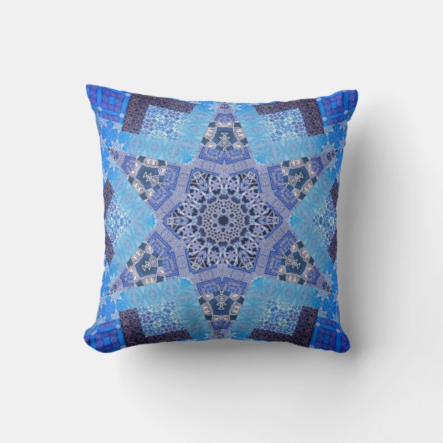 Blue 6 Pointed Star Kaleidoscope Pattern Pillow (Front)