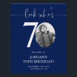 Blue 70th Birthday Welcome Sign | Look Who's 70<br><div class="desc">Welcome guests to your 70th birthday celebration with this stunning editable welcome sign. Featuring a sleek, customizable layout, this template allows you to easily add your own photo and personalize the text, making it a perfect addition to your milestone 70th birthday decor. Ideal for entryways or as a party focal...</div>