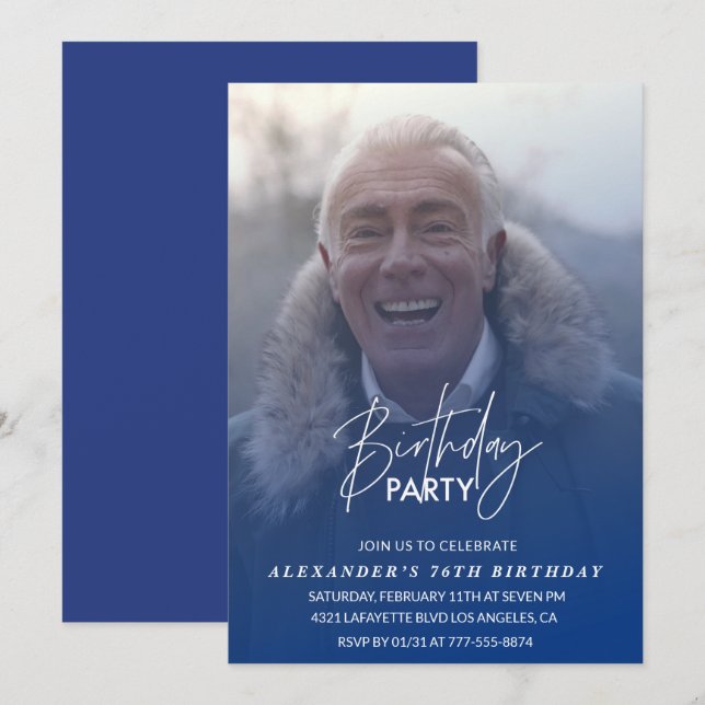 Blue 76th birthday invitation Birthday party Photo (Front/Back)