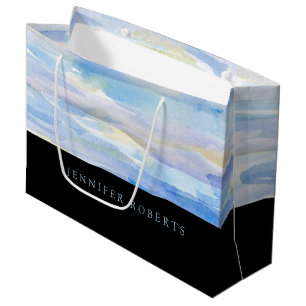 Blue 7 white watercolors strokes pattern large gift bag