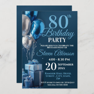 Blue 80th Birthday Balloon Gifts Invitation