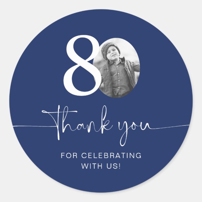 Blue 80th Birthday Thank You Classic Round Sticker (Front)