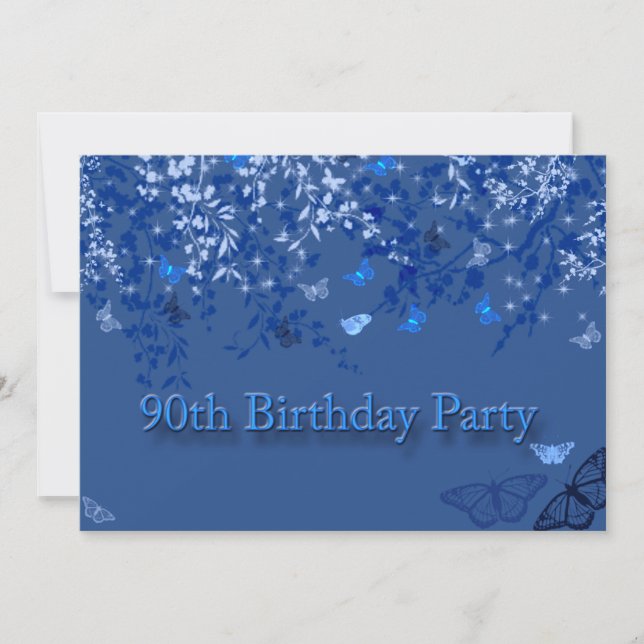 Blue 90th Birthday Party Invitation/ Butterflies Invitation (Front)