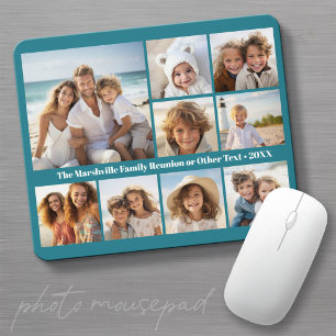Blue 9 Photo Collage - white text - trendy grid Mouse Pad