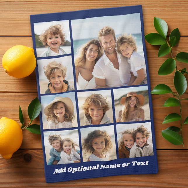 Blue 9 Photo Square Collage - with script white Kitchen Towel (Custom Kitchen Towel with Photo Collage)