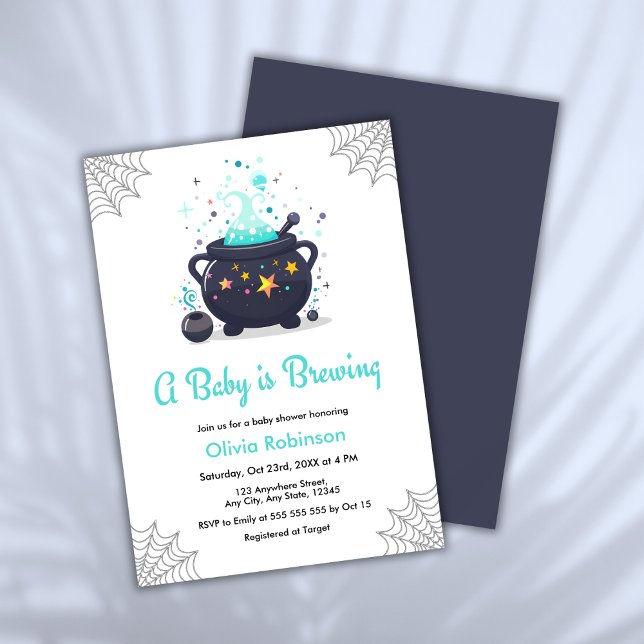 Blue A Baby is Brewing Halloween Baby Shower Invitation (Blue A Baby is Brewing Cauldron Halloween Boy Baby Shower Invitation   )