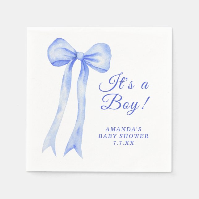 Blue a Bow It's a Boy Baby shower Napkin (Front)