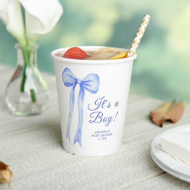 Blue a Bow It's a Boy Baby shower Paper Cups (Insitu)