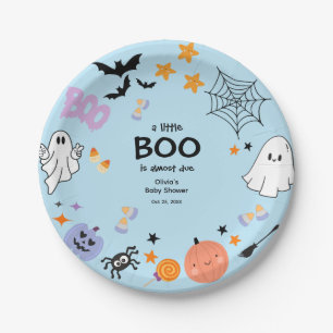 Blue A Little Boo Cute Ghost Halloween Baby Shower Paper Plate