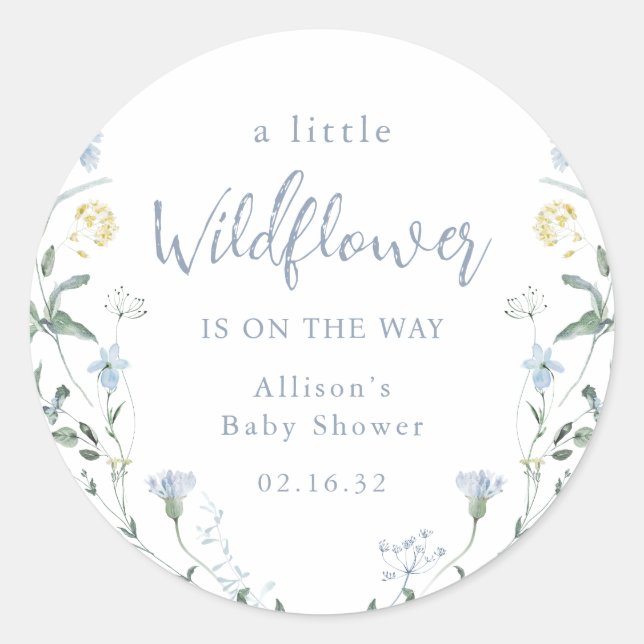 Blue A Little Wildflower Rustic Boho Baby Shower  Classic Round Sticker (Front)