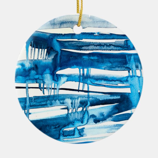 Blue abstract art watercolor icicles  ceramic ornament (Front)