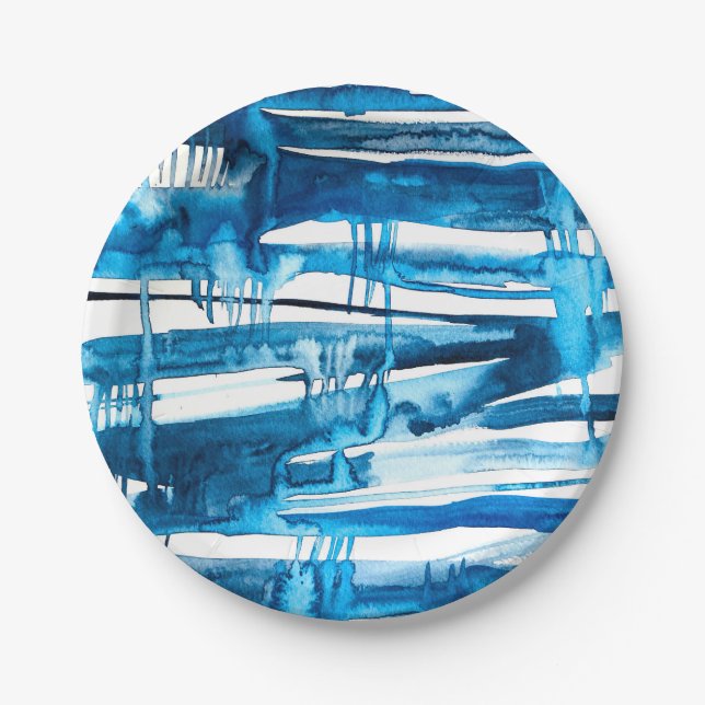 Blue abstract art watercolor icicles  paper plate (Front)