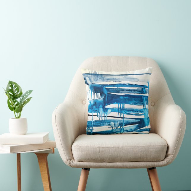 Blue abstract art watercolor icicles  throw pillow (Chair)