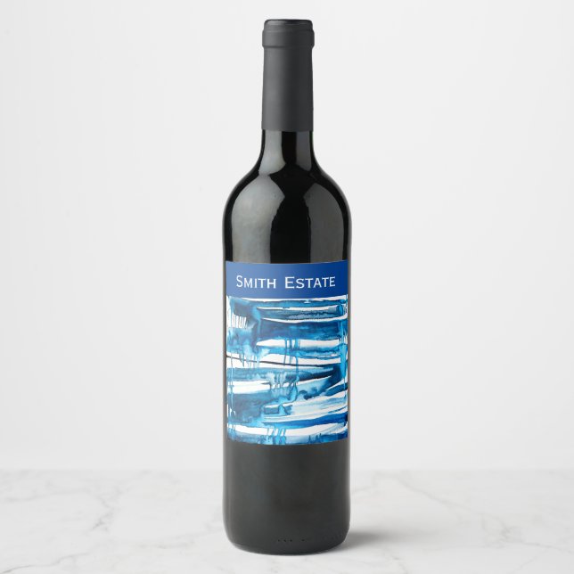 Blue abstract art watercolor icicles  wine label (Front)