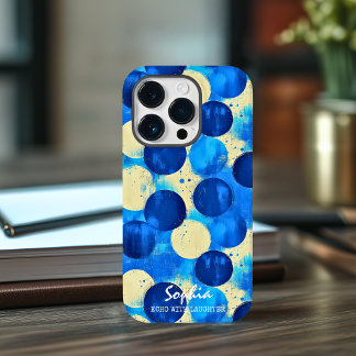 Blue Abstract Circles with Custom Name and Phrase Case-Mate iPhone 14 Pro Case