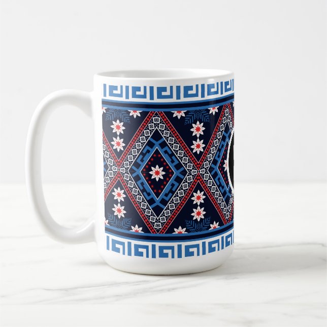Blue Abstract Ethnic Geometric Patterns with Logo Coffee Mug (Left)