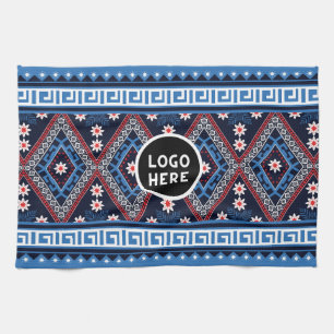 Blue Abstract Ethnic Geometric Patterns with Logo Kitchen Towel
