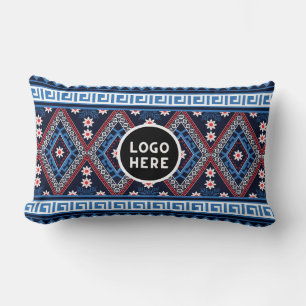Blue Abstract Ethnic Geometric Patterns with Logo Lumbar Pillow
