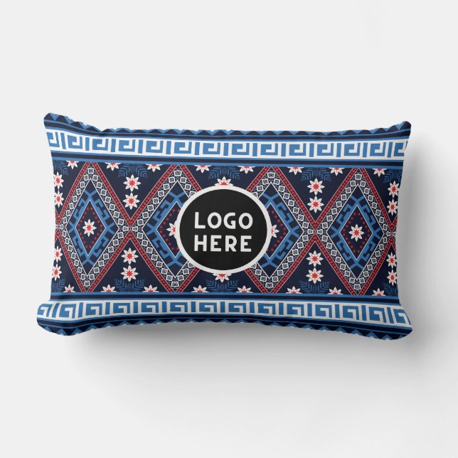 Blue Abstract Ethnic Geometric Patterns with Logo Lumbar Pillow (Front)