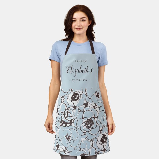 Blue abstract floral pattern personalized cooking apron (Worn)