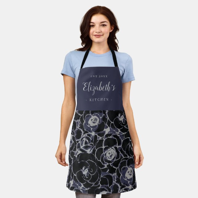 Blue abstract floral pattern personalized cooking apron (Worn)