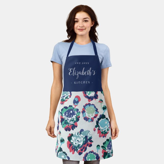 Blue abstract floral pattern personalized cooking apron (Worn)