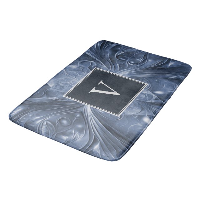 Blue Abstract Flourish Monogram Bath Mat (Angled)