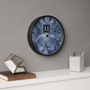 Blue Abstract Flourish Monogram Clock