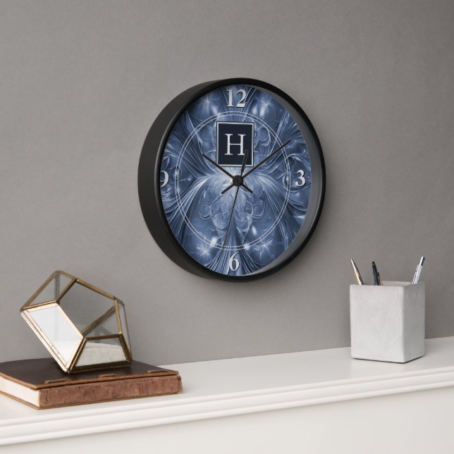 Blue Abstract Flourish Monogram Clock (Office)