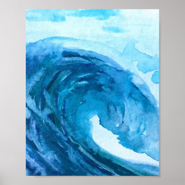 Blue abstract Fun Watercolor Art Waves Unique Poster (Front)