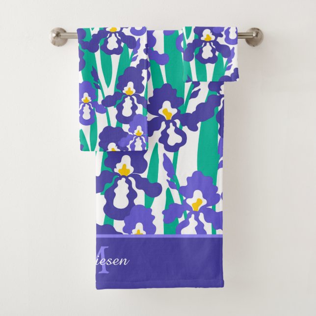 Blue Abstract Iris Floral Pattern Monogram Bath Towel Set (Insitu)