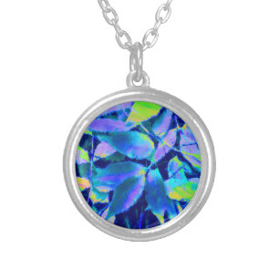 Blue Abstract Leaves Art Work Silver Plated Necklace