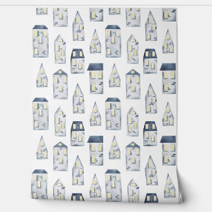 Blue abstract line house pattern wallpaper