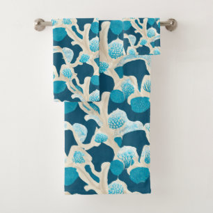 Blue Abstract Ocean Floor   Coastal Pattern Bath Towel Set