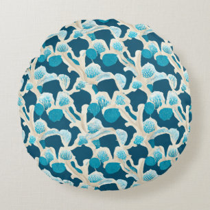 Blue Abstract Ocean Floor Coastal Pattern Round Pillow