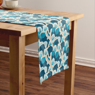 Blue Abstract Ocean Floor Coastal Pattern Short Table Runner