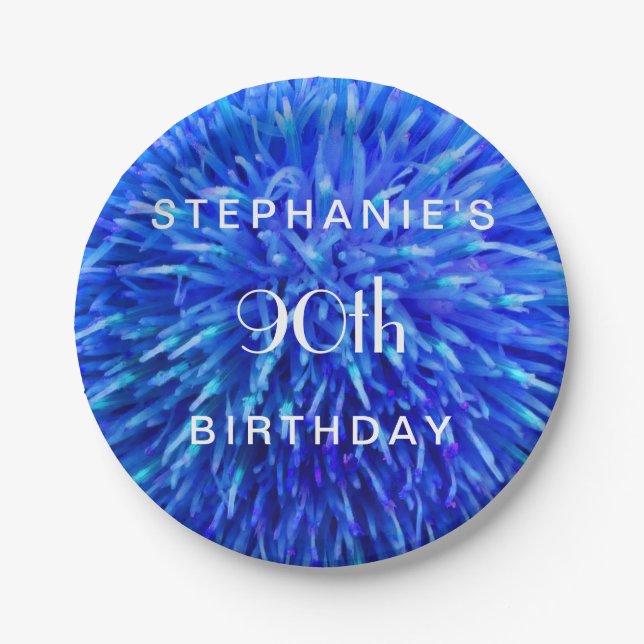 Blue Abstract Paper Plates, 90th Birthday Party Paper Plate (Front)