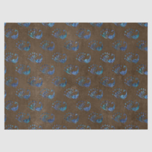 Blue Abstract Peacocks on Brown Decoupage Tissue Paper