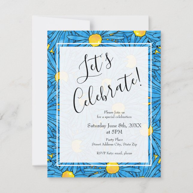 Blue Abstract Pen and Watercolor Aster Pattern  Invitation (Front)