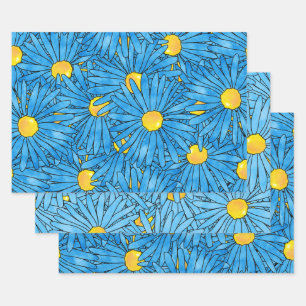 Blue Abstract Pen & Watercolor Aster Patterns Wrapping Paper Sheet