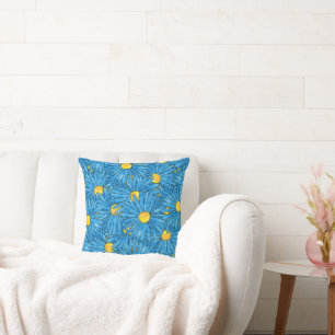 Blue Abstract Pen & Watercolor Asters Reversable Throw Pillow
