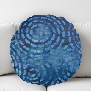 Blue Abstract Spirals Boho Batik Round Pillow