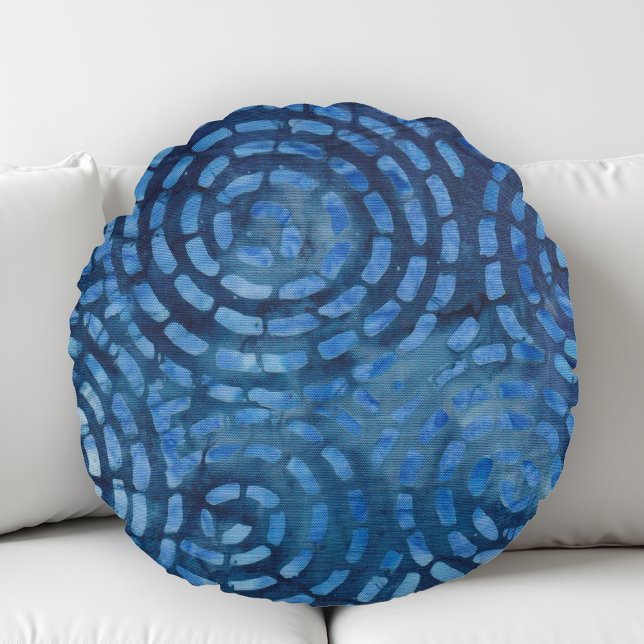 Blue Abstract Spirals Boho Batik Round Pillow (Creator Uploaded)